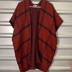 Loft Sweater Wrap Cape Poncho one size Red Blue fringe